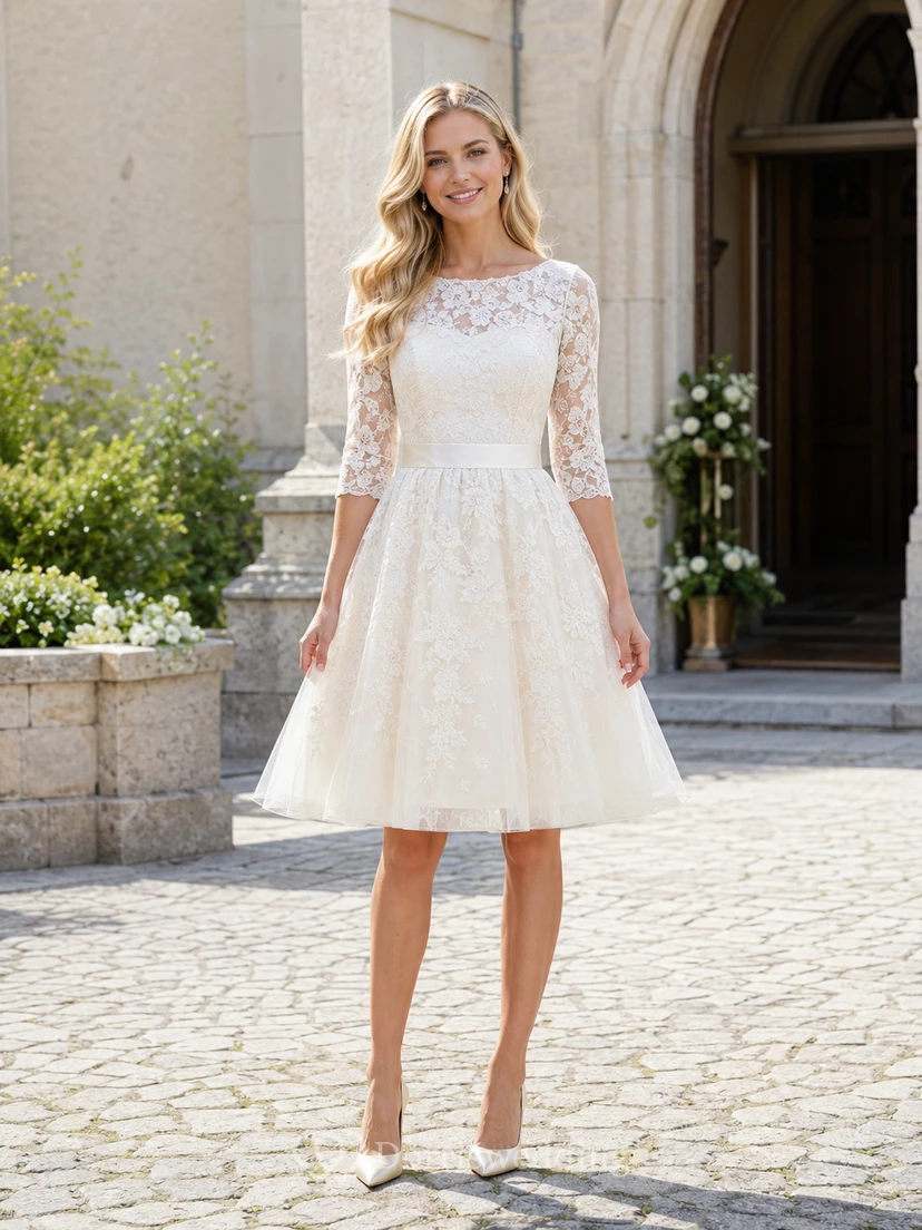 Robe de confirmation ivoire modeste en dentelle illusion bateau, manches trois-quarts, longueur genou, à encolure bateau.