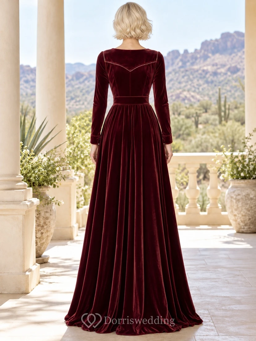 Robe de soirée western bordeaux à manches longues en velours trapèze view 2