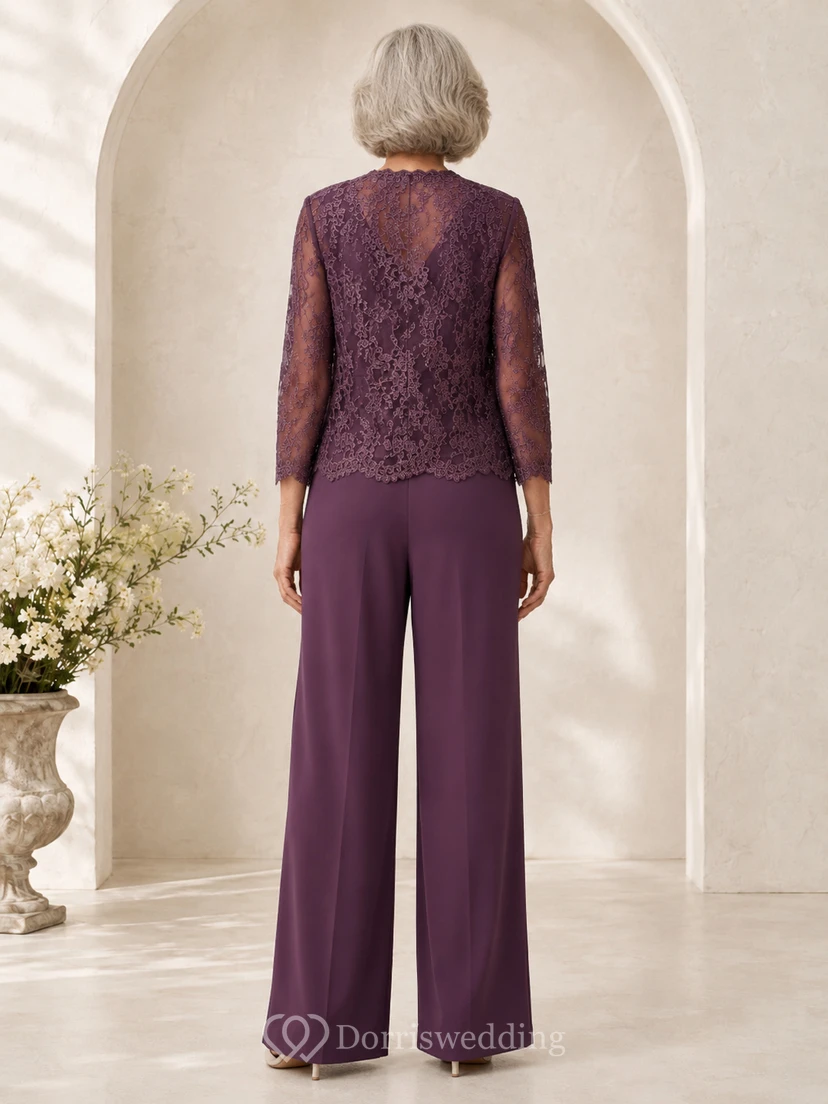 Conjunto de pantalón y chaqueta de encaje Mother Plum con cuello en V y manga larga. view 2
