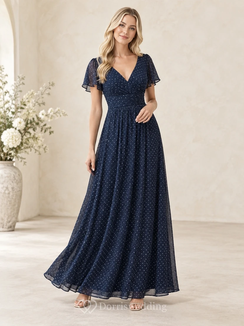 Navy Tiny Polka Dot V-Neck Short Bell Sleeve Floor-Length Chiffon Bridesmaid Dress