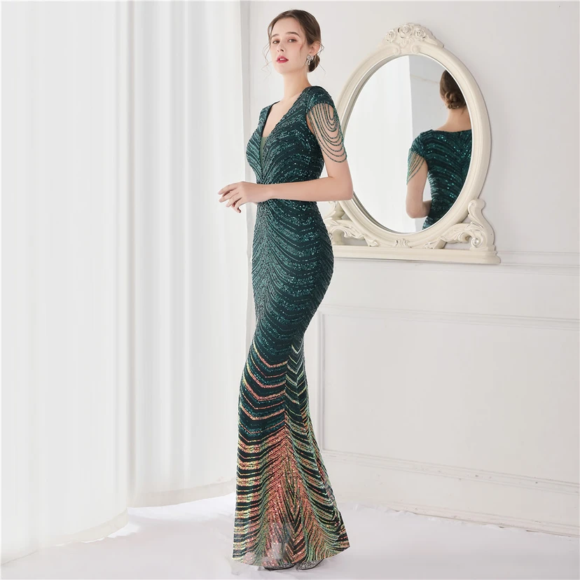 Paillettenbesetztes, handwerklich perfekt gefertigtes, perlenbesetztes Party-Abendkleid – sexy langes Kleid für die Braut view 23