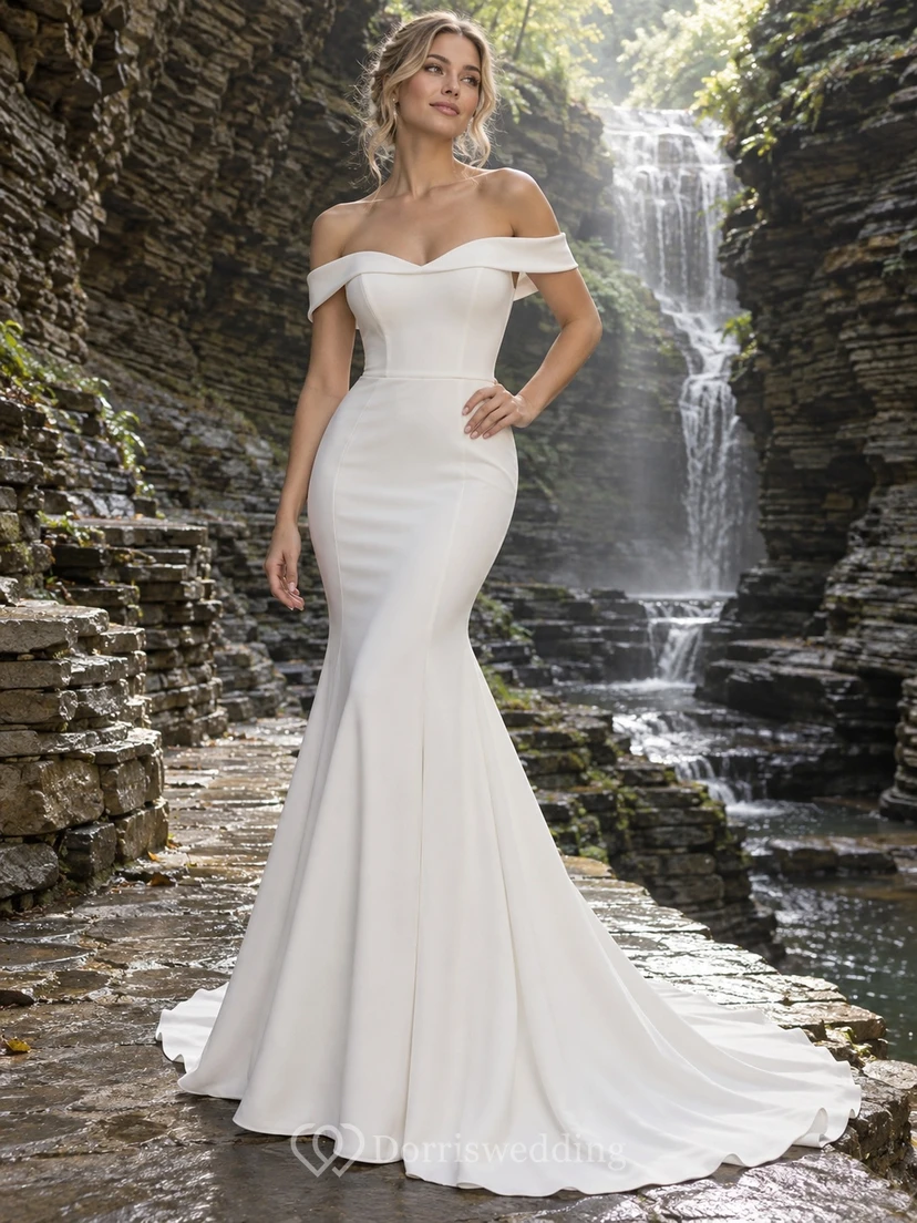 Vestido de novia sencillo de manga corta, estilo sirena, con escote corazón y hombros descubiertos, confeccionado en crepé elástico liso hasta el suelo.