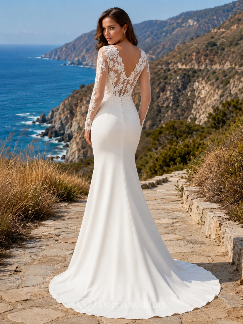 Robe de mariée sirène en crêpe de dentelle à manches longues, style falaise view 2