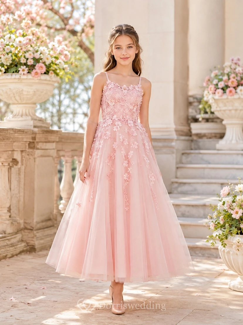 Rosafarbenes Brautjungfernkleid, A-Linie, Spaghettiträger, ärmellos, wadenlang, Tüll, floral, romantisch