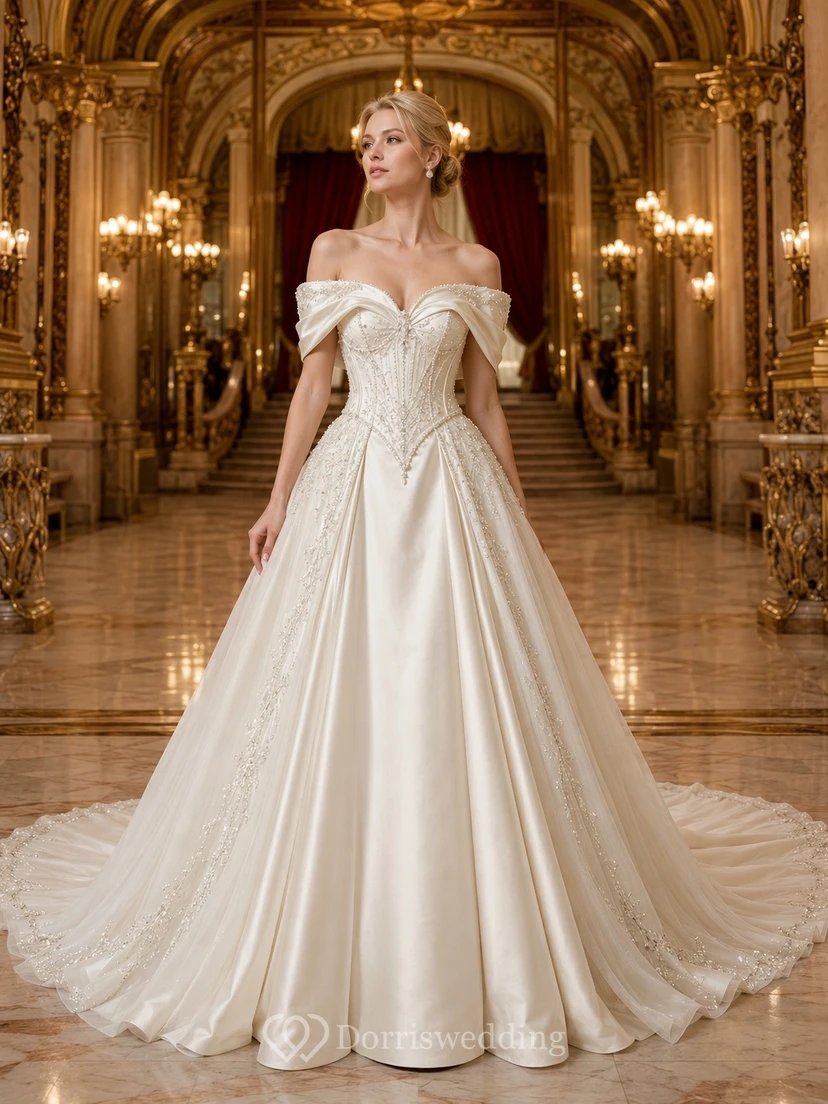 Vestido de novia de gala con hombros descubiertos, vestido de novia formal de lujo