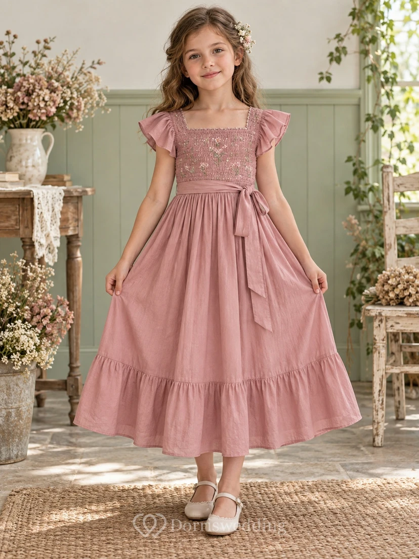Vestido de niña de flores de corte A con cuello cuadrado, mangas acampanadas, corpiño fruncido y dobladillo con volantes, hasta la rodilla.