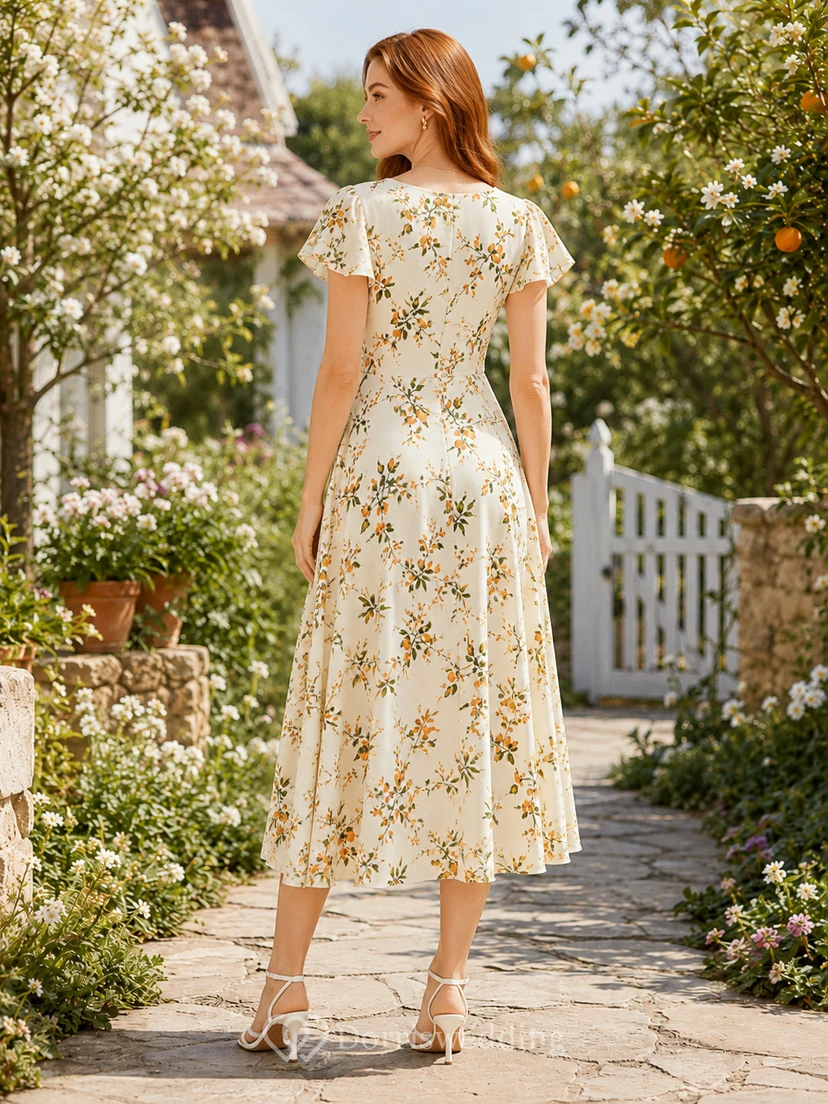 Orange Blossom Print V-Neck Flutter Sleeve Tea Dress view 2