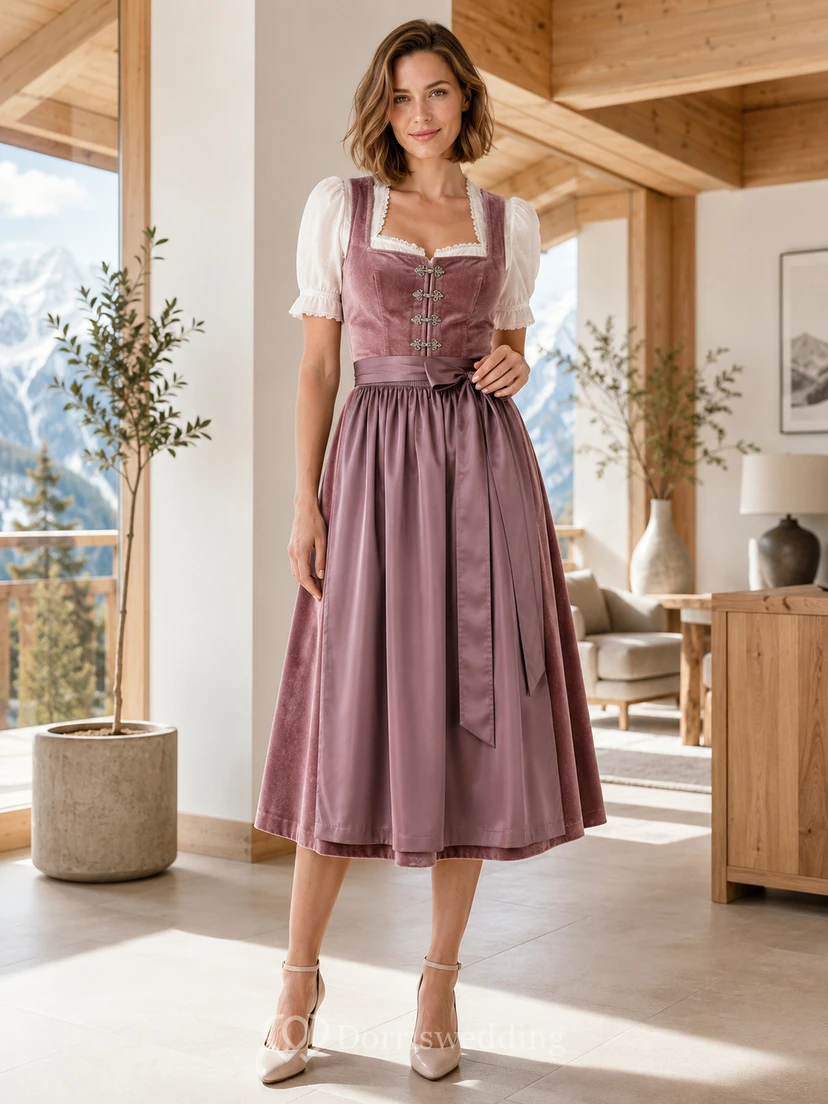 Delantal romántico vintage de terciopelo malva, corte en A, largo hasta la rodilla, con mangas abullonadas.