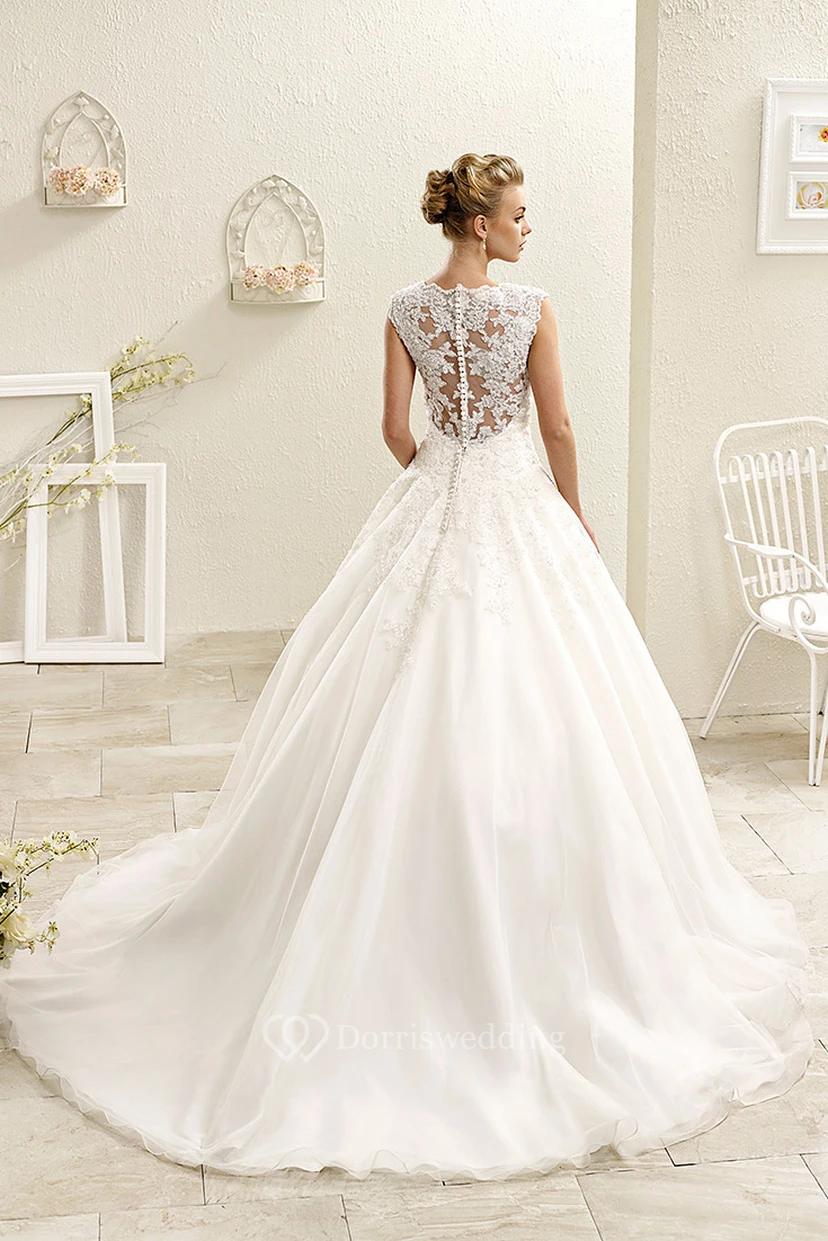Lace Ball Gown Wedding Dress Illusion Neckline Sleeveless Princess Bridal Gown with Tulle Skirt view 2