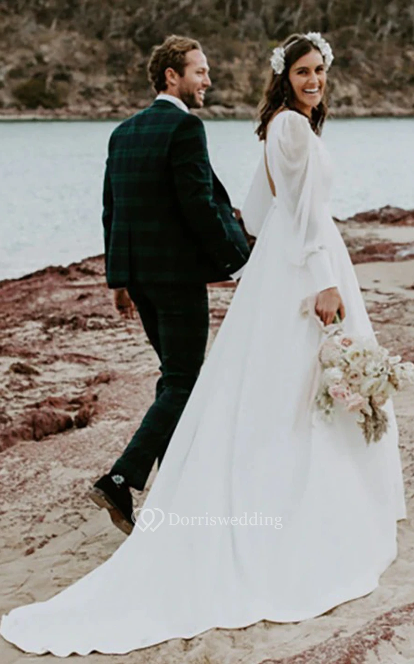 Simple Queen Anne A Line Floor-length Sweep Train Long Sleeve Wedding Dress view 4