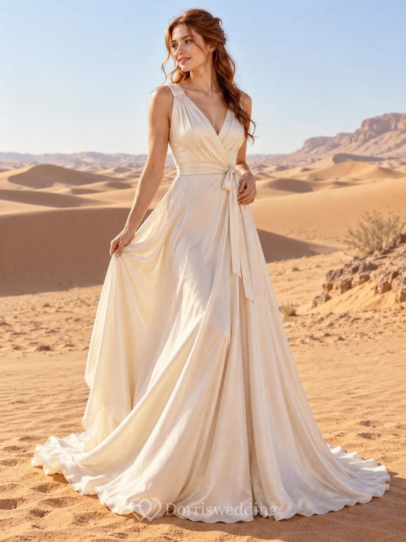 Schlichtes Brautkleid aus Satin mit V-Ausschnitt, A-Linie, Raffungen und Schärpe