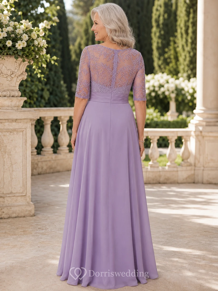 Lavender lace illusion sleeve chiffon A line grandmother gown view 2
