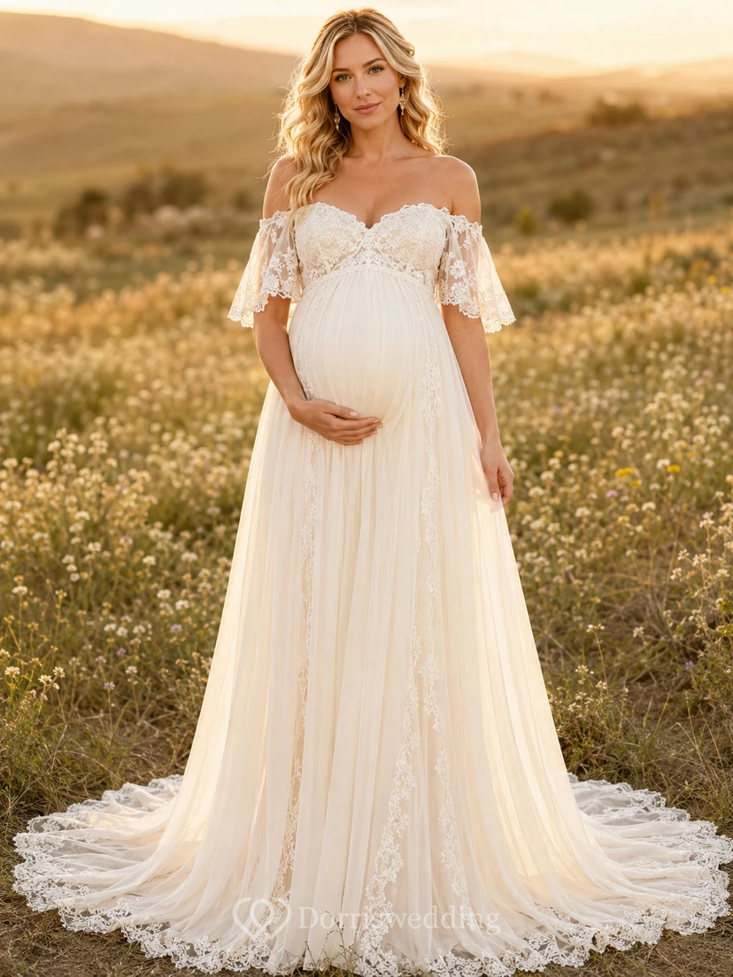 Maternity Wedding Dress Off Shoulder Flutter Sleeve Lace Tulle Country Gown with Train