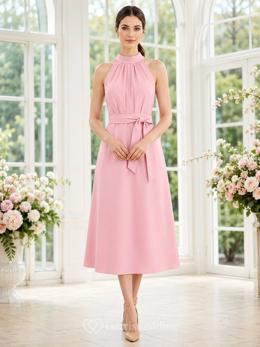 Pink High Neck Sleeveless Chiffon Simple Midi Dress