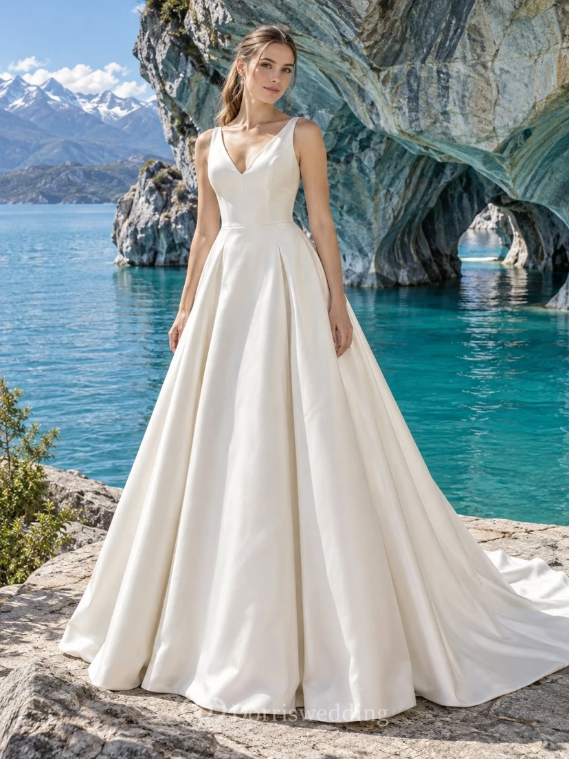 Sencillo vestido de novia de satén con escote en V, corte en A, tirantes anchos y corpiño ajustado.