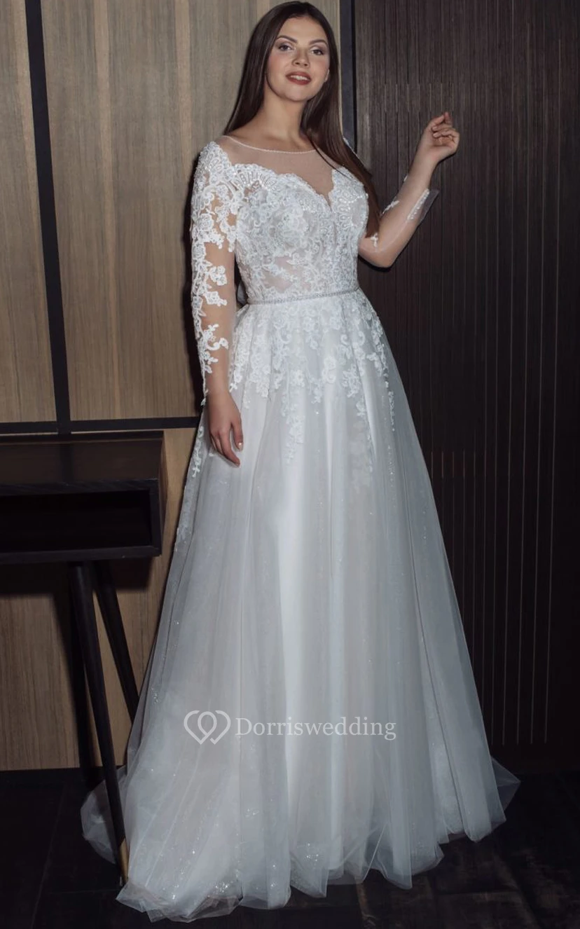 Elegantes, schlichtes Brautkleid in A-Linie mit Illusion-Ausschnitt, langen Ärmeln und Spitzenapplikationen in großen Größen view 3