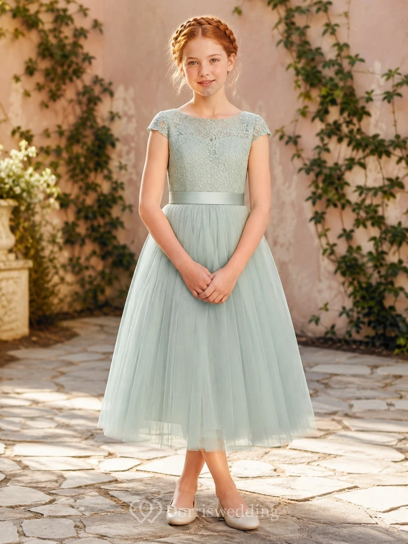 Celadonfarbenes Brautjungfernkleid für junge Damen, A-Linie, Teelänge, kurze Ärmel, Tüll, gestuft, bezaubernd, festlich