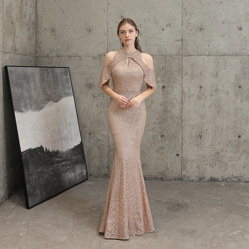 Banquet Temperament Elegant Long Short-Sleeved Sequin Aura Queen Fishtail Evening Dress view 29