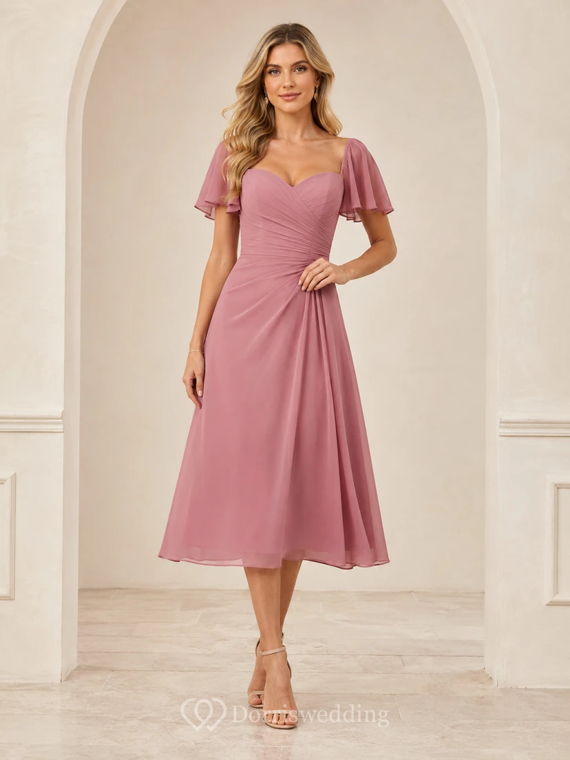 Dusty Rose Ruched Waist Flutter Sleeve Midi Dress