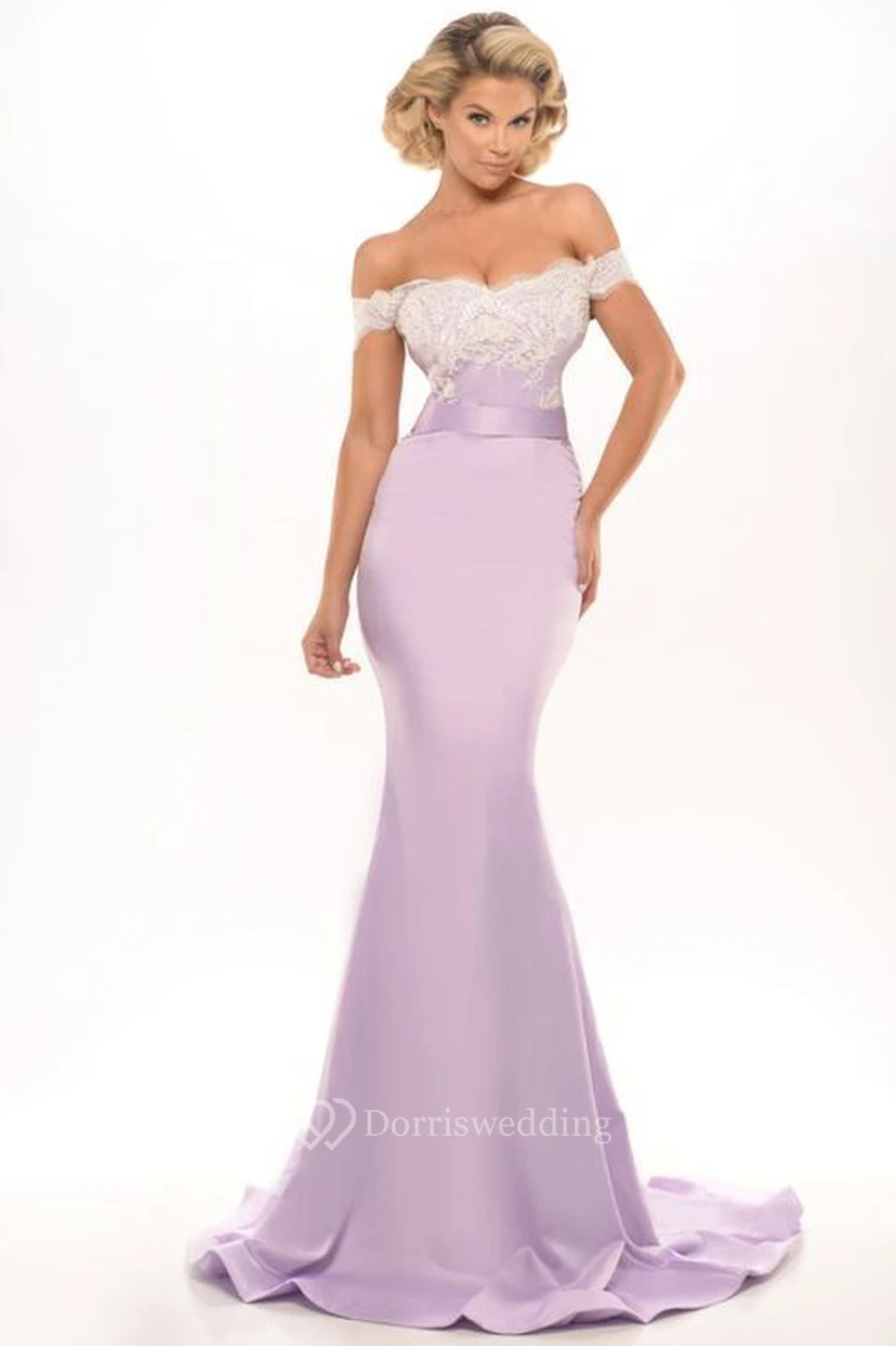Mermaid Off-The-Shoulder Appliqued Jersey Prom Dress With Brush Train