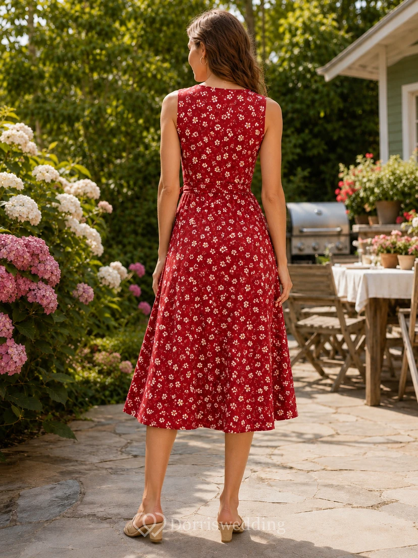 Coral Floral Sleeveless V Neck Cotton Barbecue Midi Dress view 2