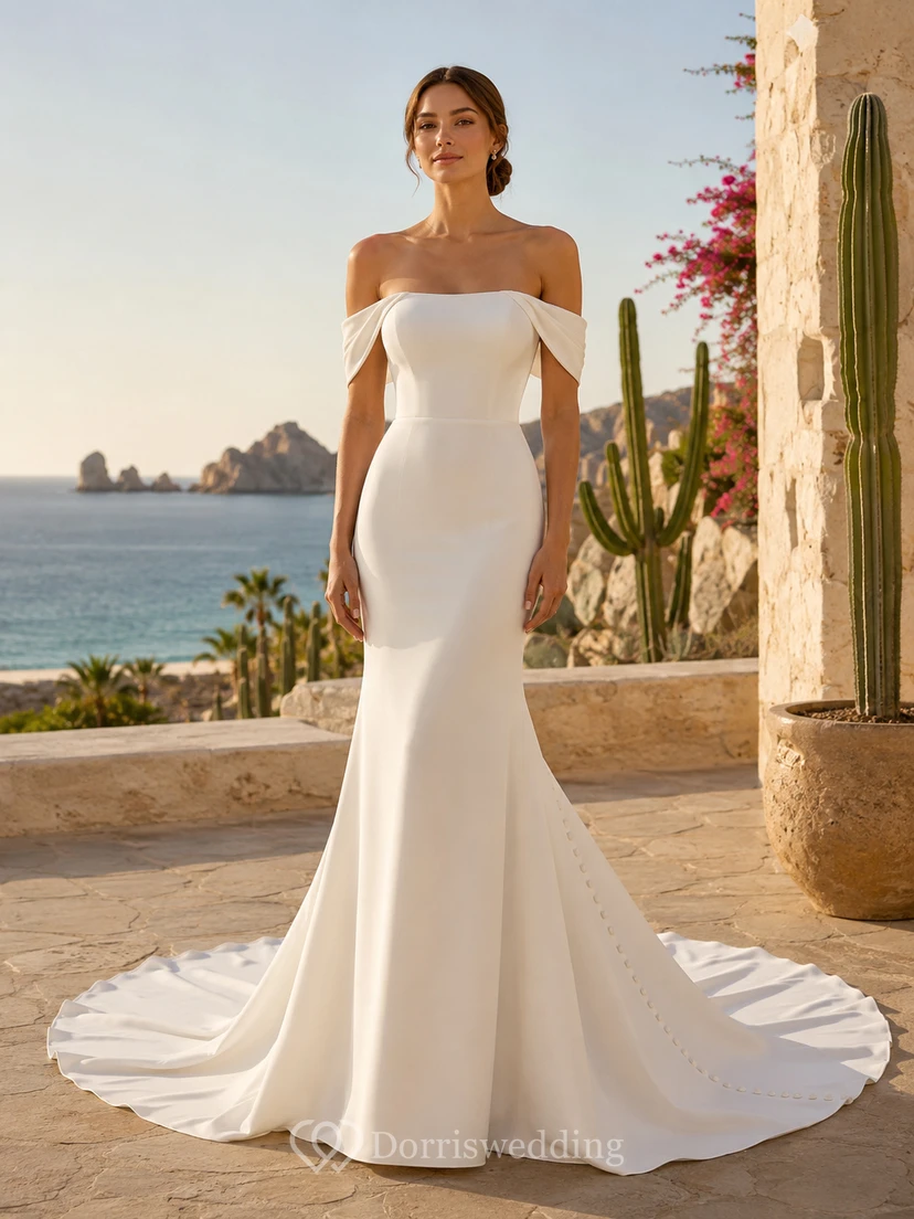 Robe de mariée sirène simple en crêpe à épaules dénudées pour une destination désertique