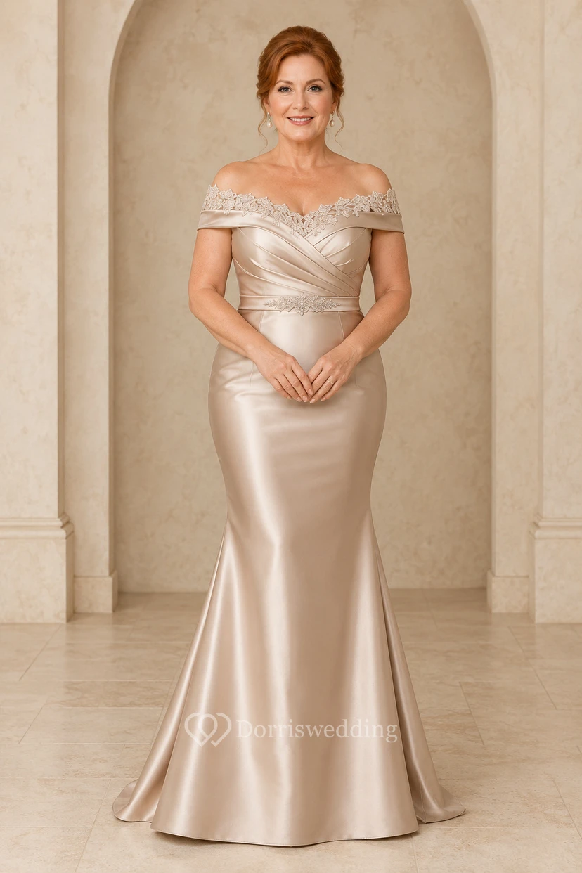 MOB-Kleid Champagner Satin Spitze Meerjungfrau Kurzarm Schulterfrei Bodenlang Gerafft