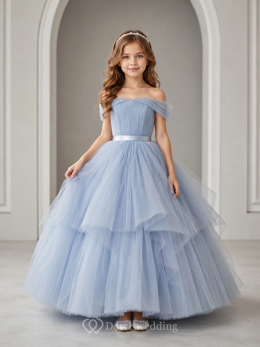 Flower Girl Dress Steel Blue Tulle A-Line Off Shoulder High Low Ruffle Detail