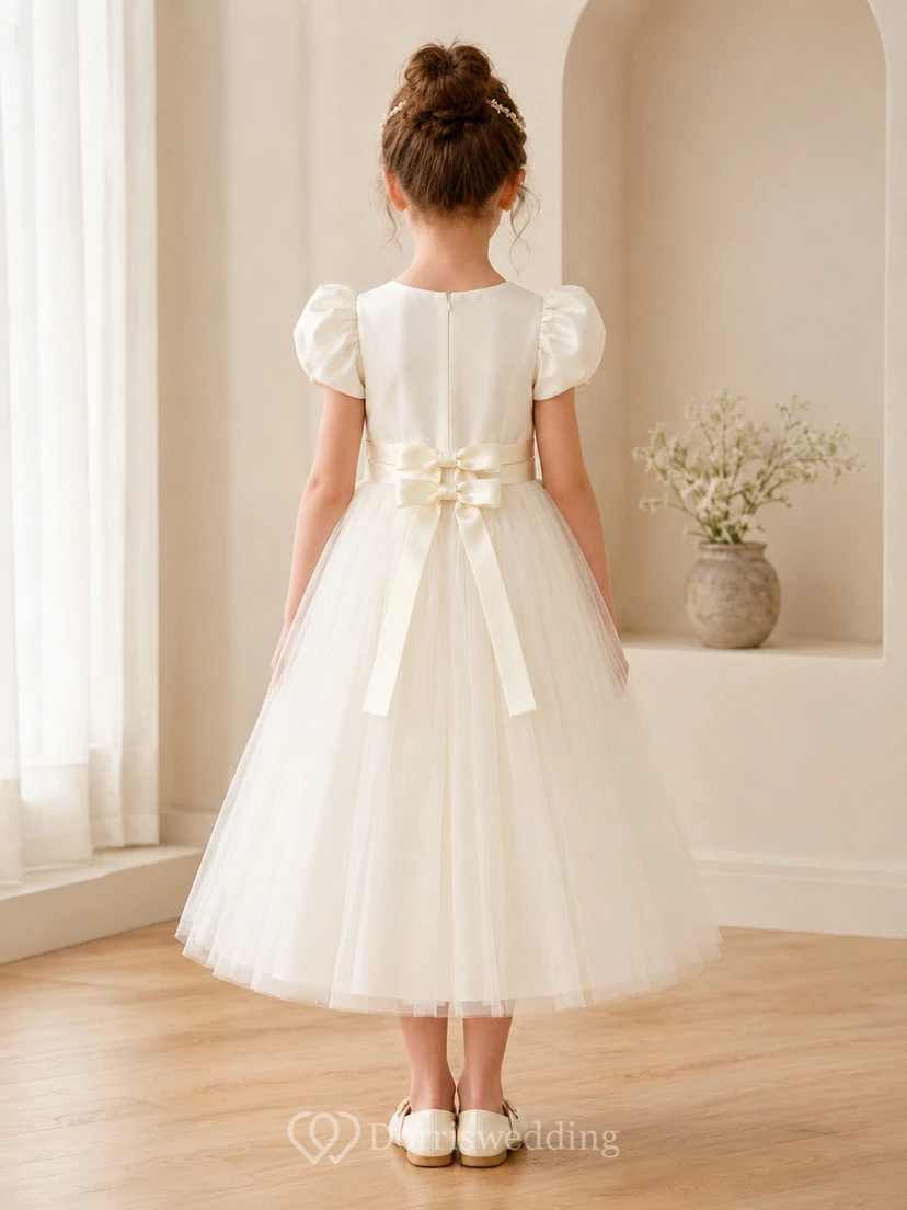 Classic Tulle A-Line Flower Girl Dress with Jewel Neck, Tea-Length Skirt and Bow Detail view 2