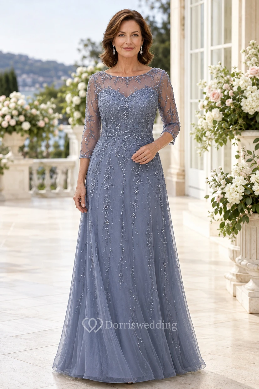 Steel Blue Bateau Lace Chiffon A-Line Mother Dress
