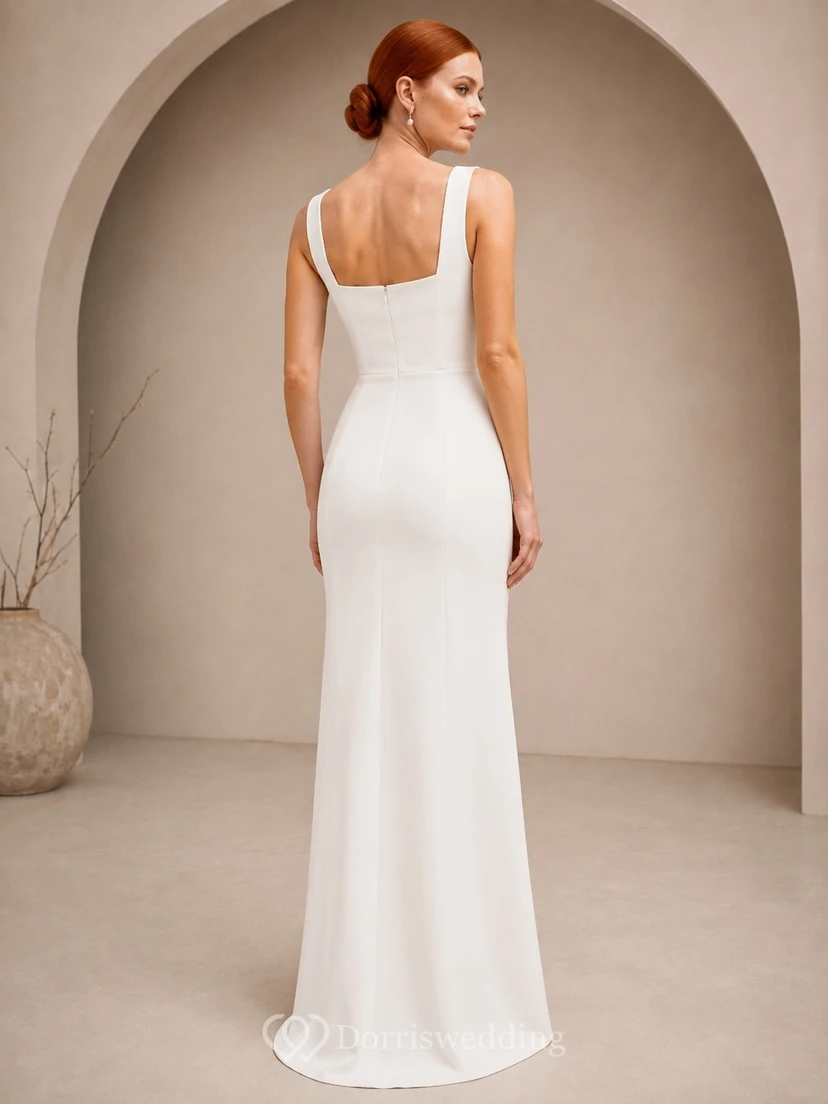 Simple Square Neck Strap Satin Sheath Floor-Length Split Civil Wedding Dress view 2