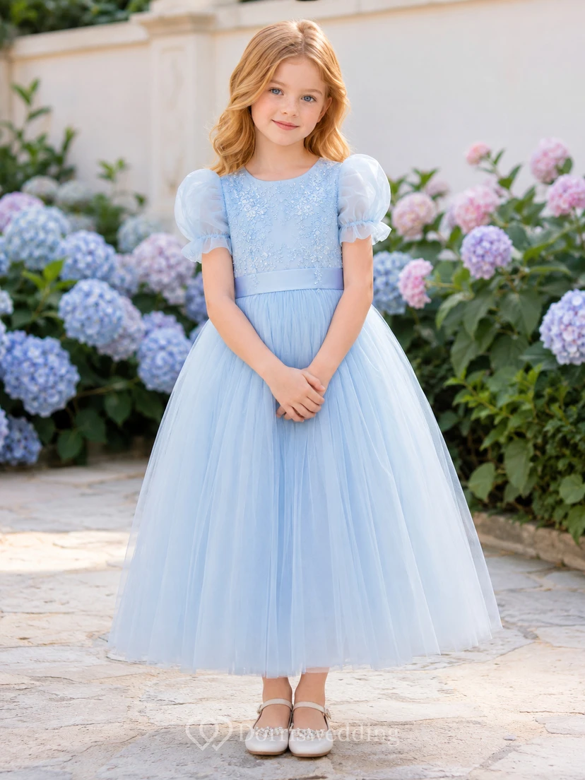 Flower Girl Dress Sky Blue Tulle A-Line Jewel Neck Tea Length Bow Back