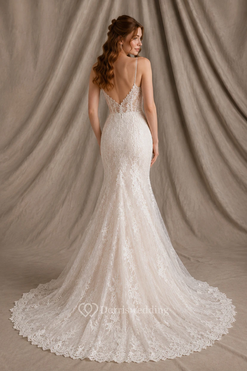 Wedding Mermaid Lace Dress with Spaghetti Straps and Chapel Train view 2