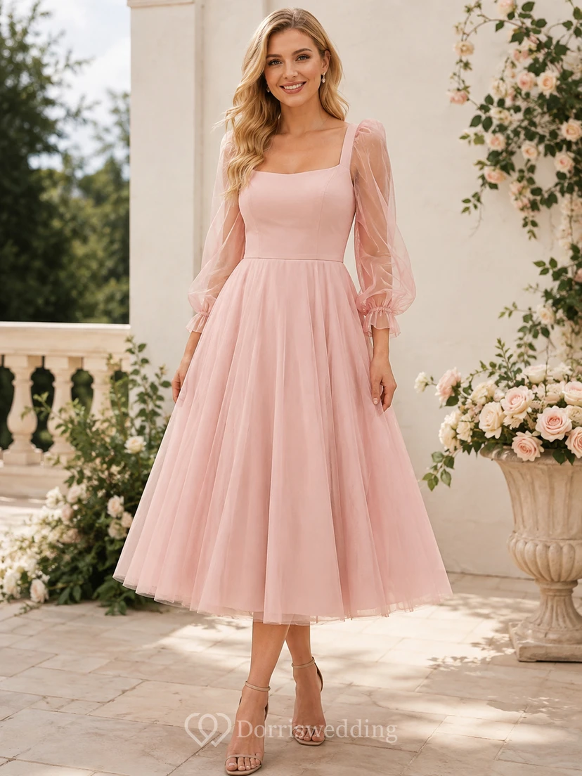 Vestido de cóctel formal romántico de corte A, largo hasta la rodilla, color rosa perla agua de rosas, con escote cuadrado, mangas abullonadas y tul.