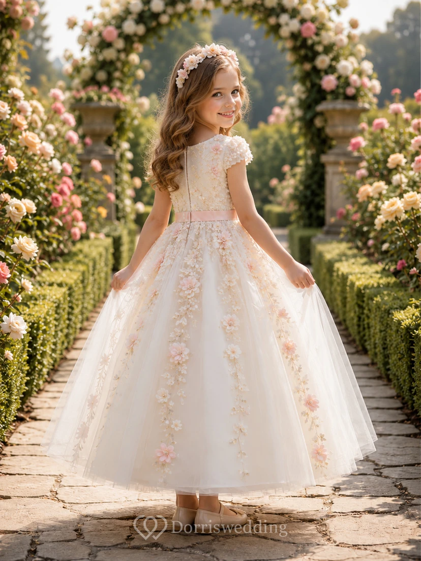 Robe longue de luxe trapèze pour demoiselle d'honneur, ornée de dentelle florale et d'appliqués en tulle, col montant, style champêtre. view 2