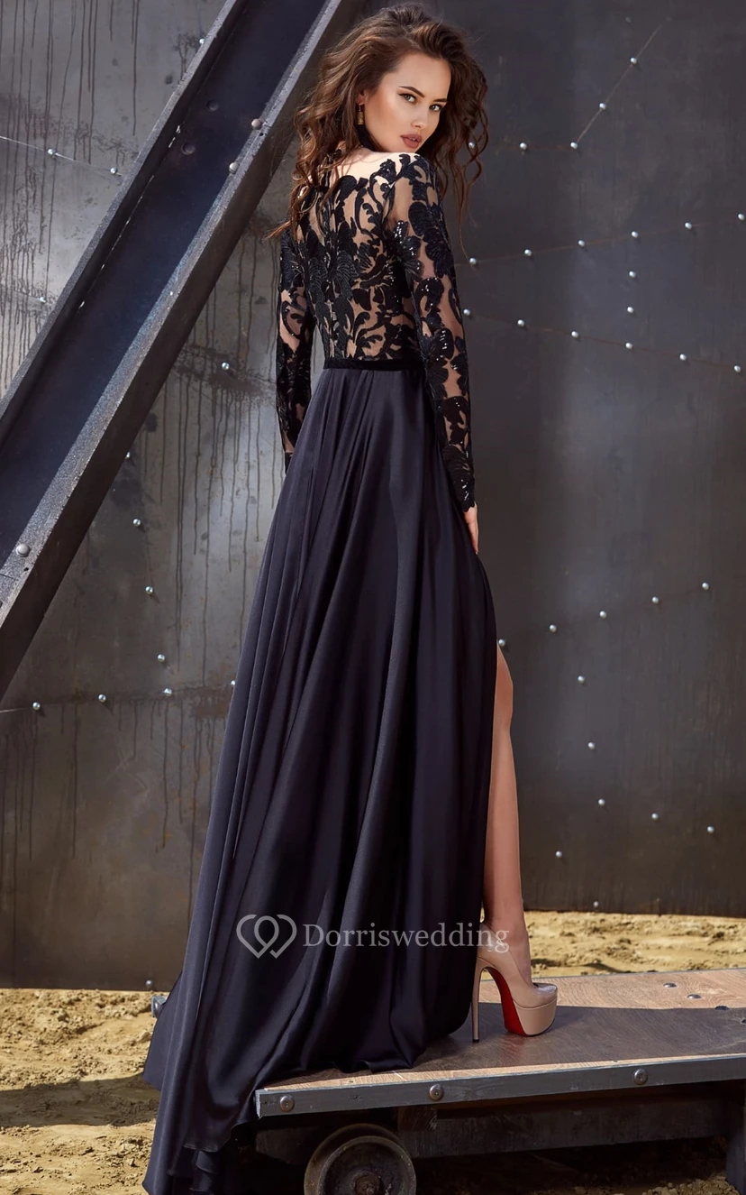 Elegantes, quadratisches A-Linien-Abendkleid aus Spitze und Satin mit Schleppe und Applikationen view 2