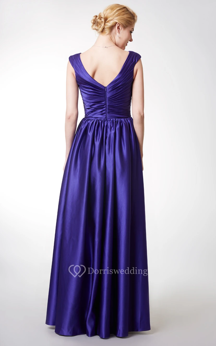 Stunning Cap-sleeved V-neck Long Satin Dress With Flowers view 3