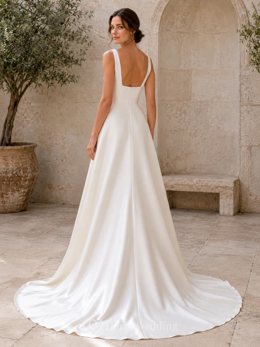 Vestido de novia de satén, corte A, sin tirantes, con cola larga. view 2