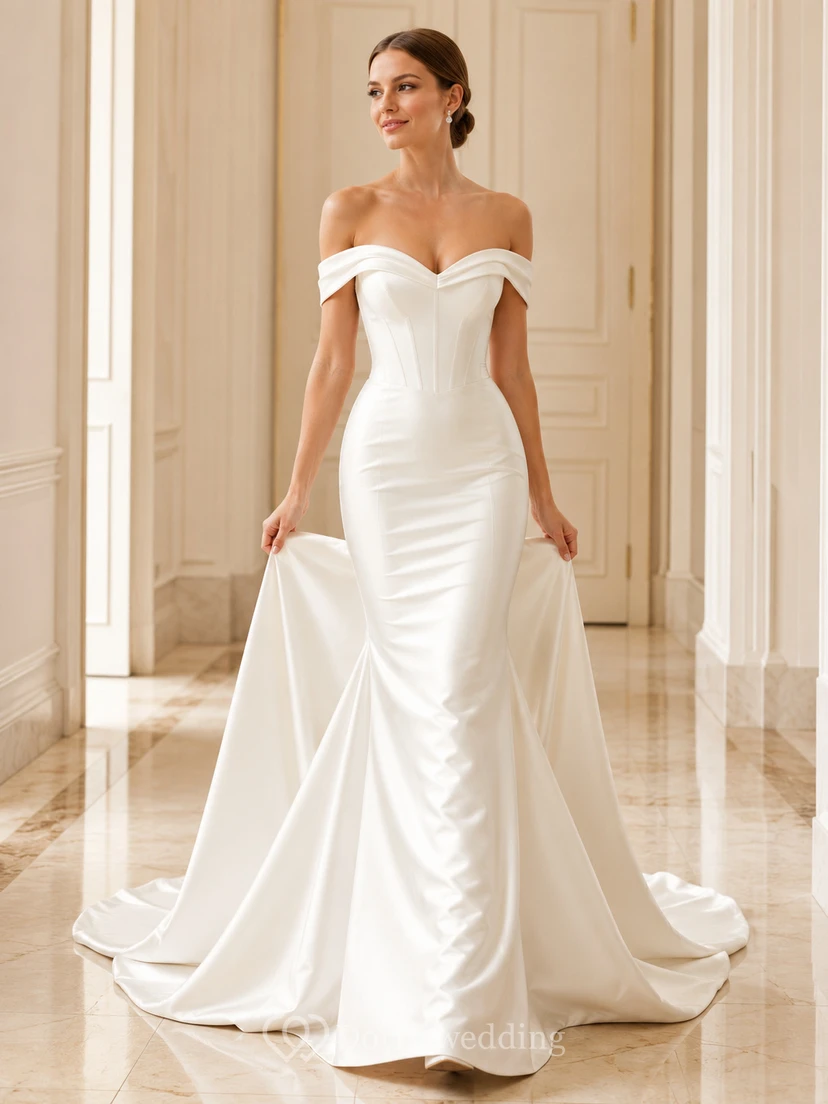 Robe de mariée sirène en satin sculpté à épaules dénudées et manches courtes avec traîne chapelle