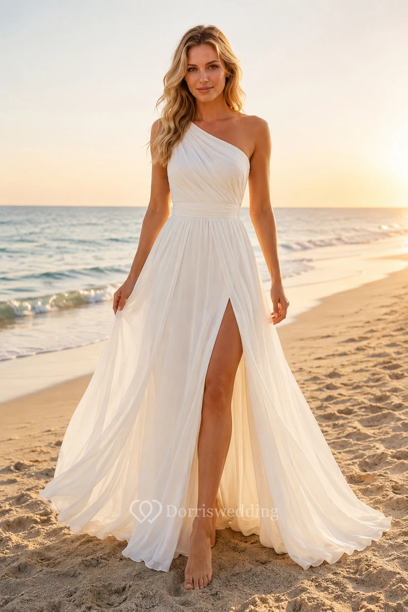 One-Shoulder A-Line Beach Wedding Dress with Split