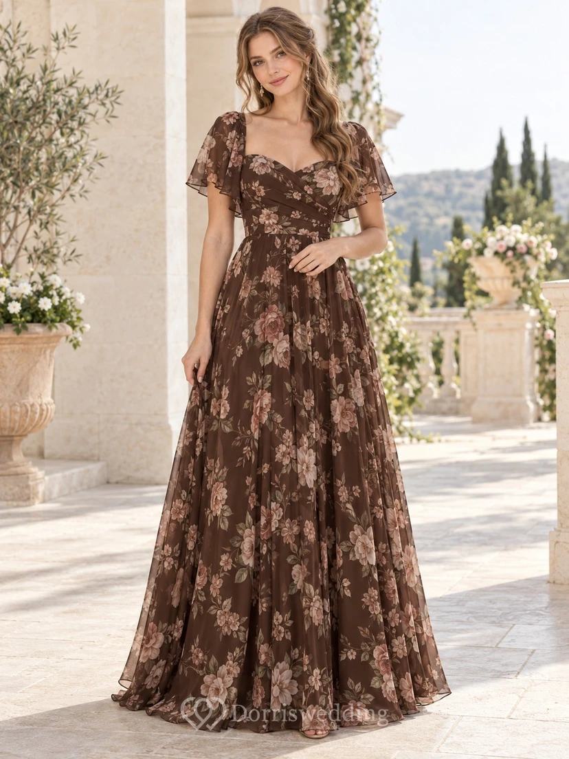 Brautjungfernkleid aus schokoladenbraunem Chiffon mit Blumenmuster, eckigem Ausschnitt, flatternden Ärmeln und bodenlanger Länge