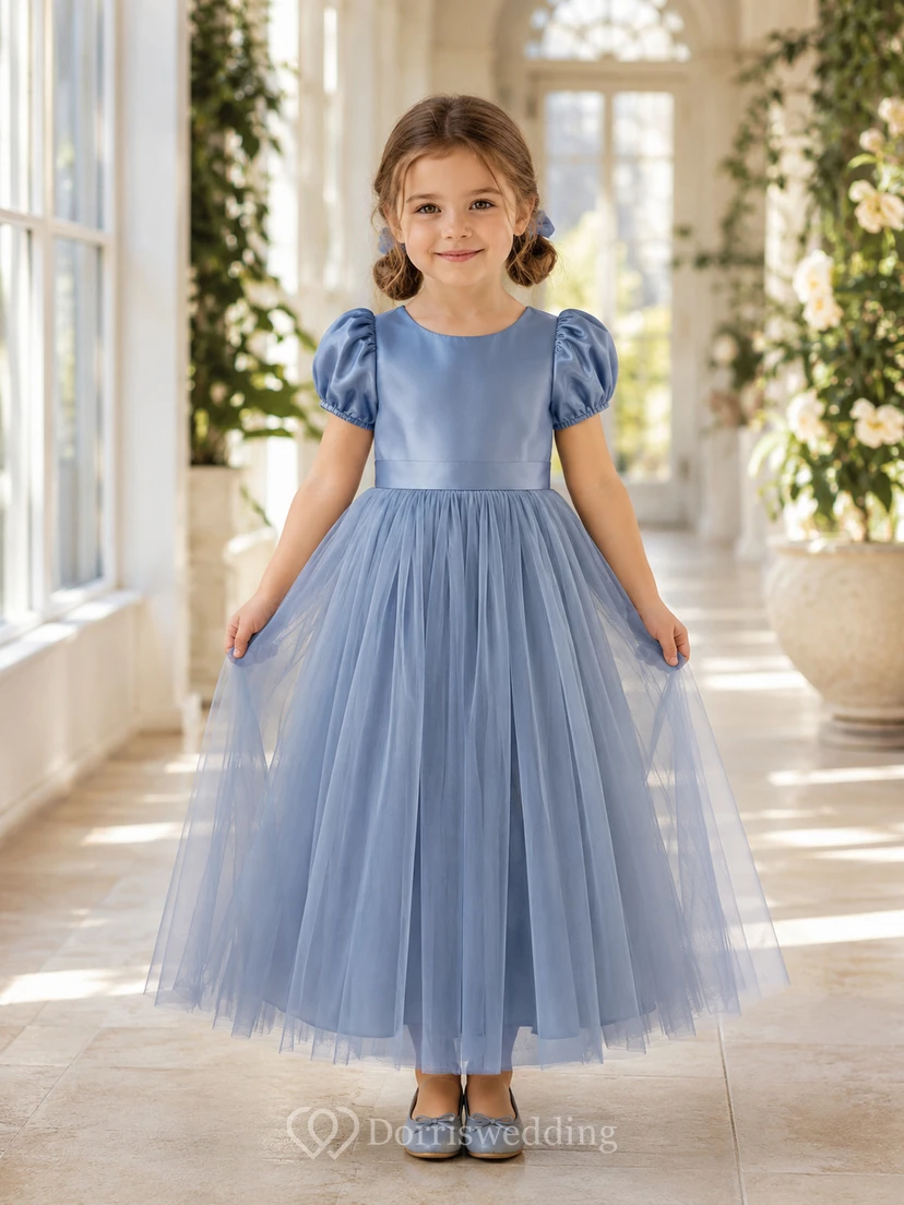 Blumenmädchenkleid, stahlblau, Tüll, A-Linie, Puffärmel, Rundhalsausschnitt, Teelänge