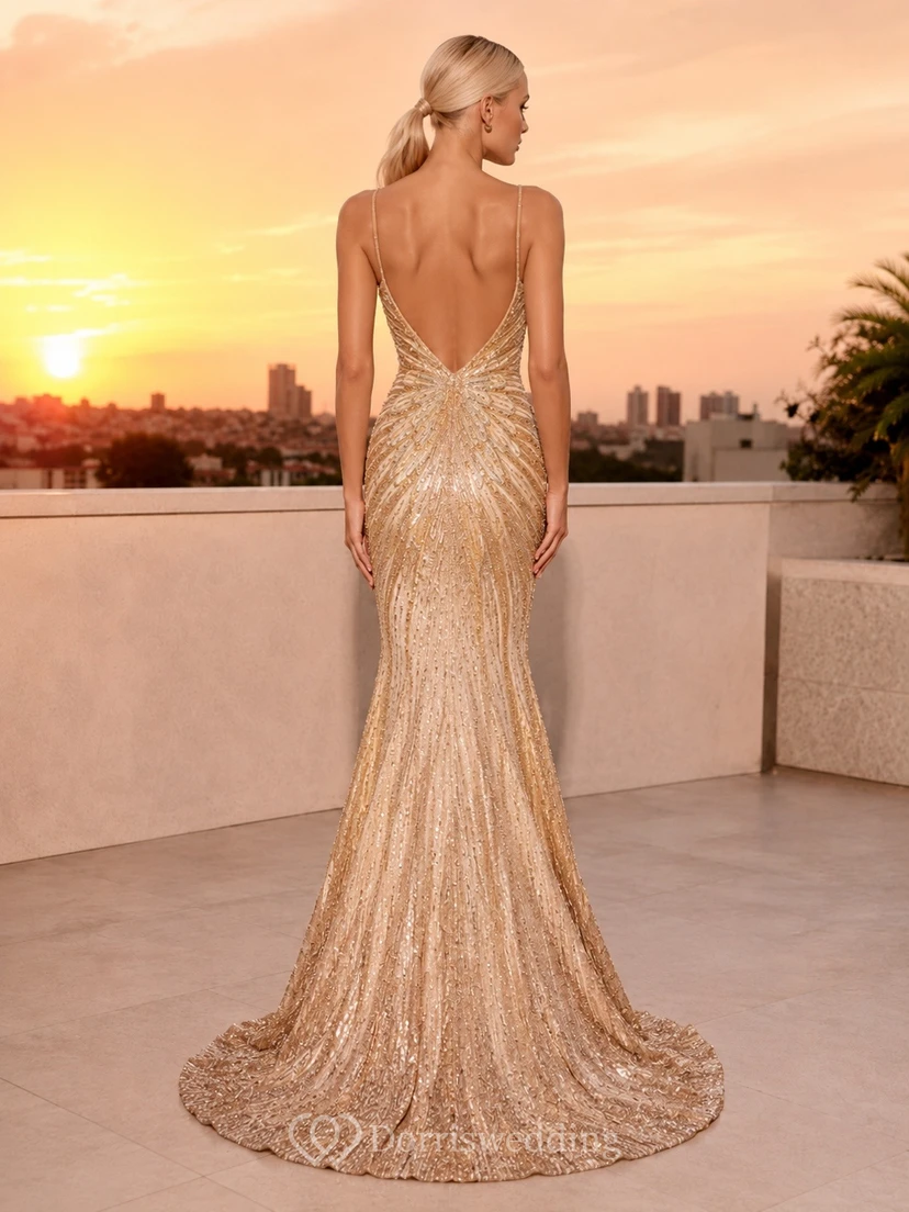 Champagne Halter Sleeveless Beaded Mermaid Floor-Length Prom Dress view 2