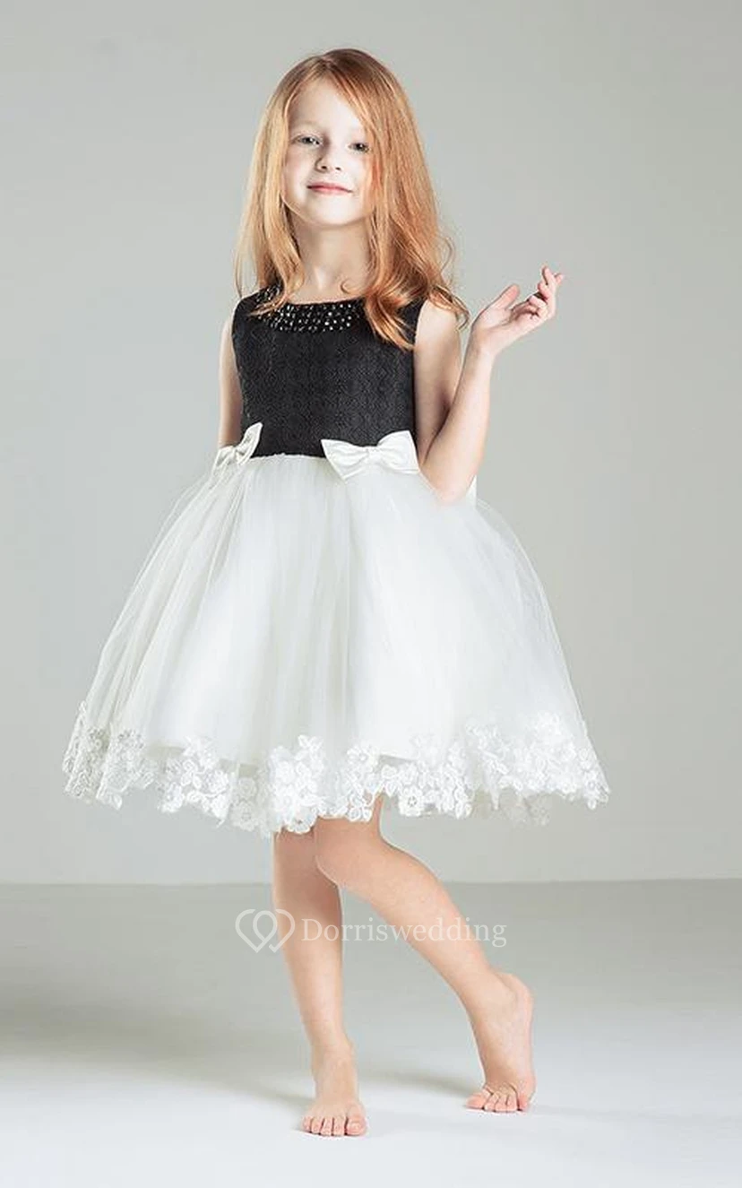 Flower Girl Beading Neck Tulle Short Dress With Lace And Bow view 2