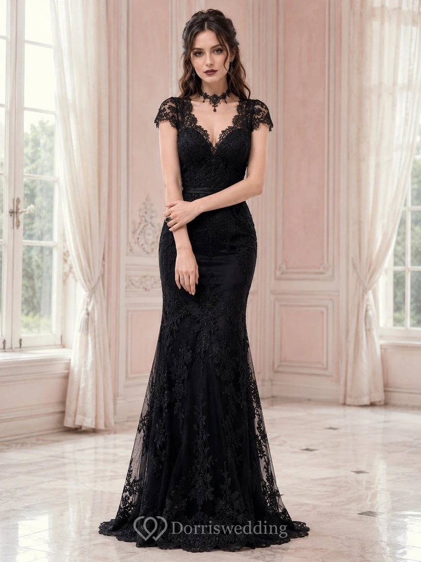 Gothic Black Lace Mermaid Sweep Train V-Neck Cap Sleeve Evening Dress
