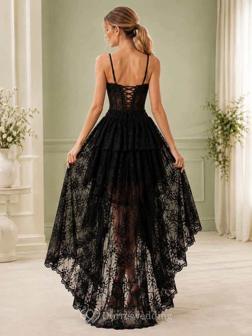 Black Lace Spaghetti Strap High-low Tulle A-Line Evening Dress view 2