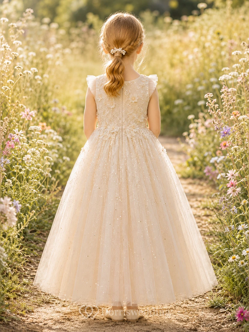 Flower Girl Dress Champagne Lace Tulle Ball Gown Jewel Neck Floor Length view 2
