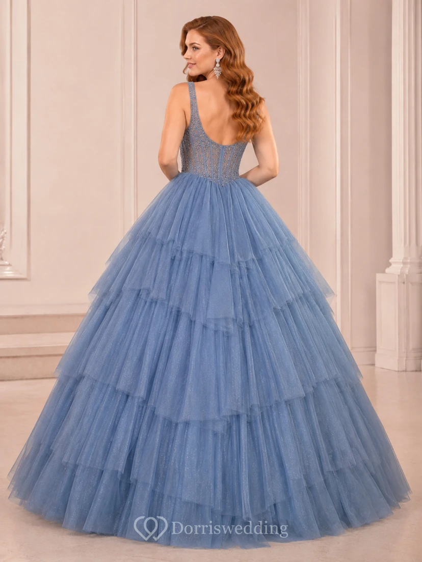 Slate Blue Luxury Off Shoulder Sweetheart Layered Applique Tulle Quinceanera Princess Ball Gown view 2