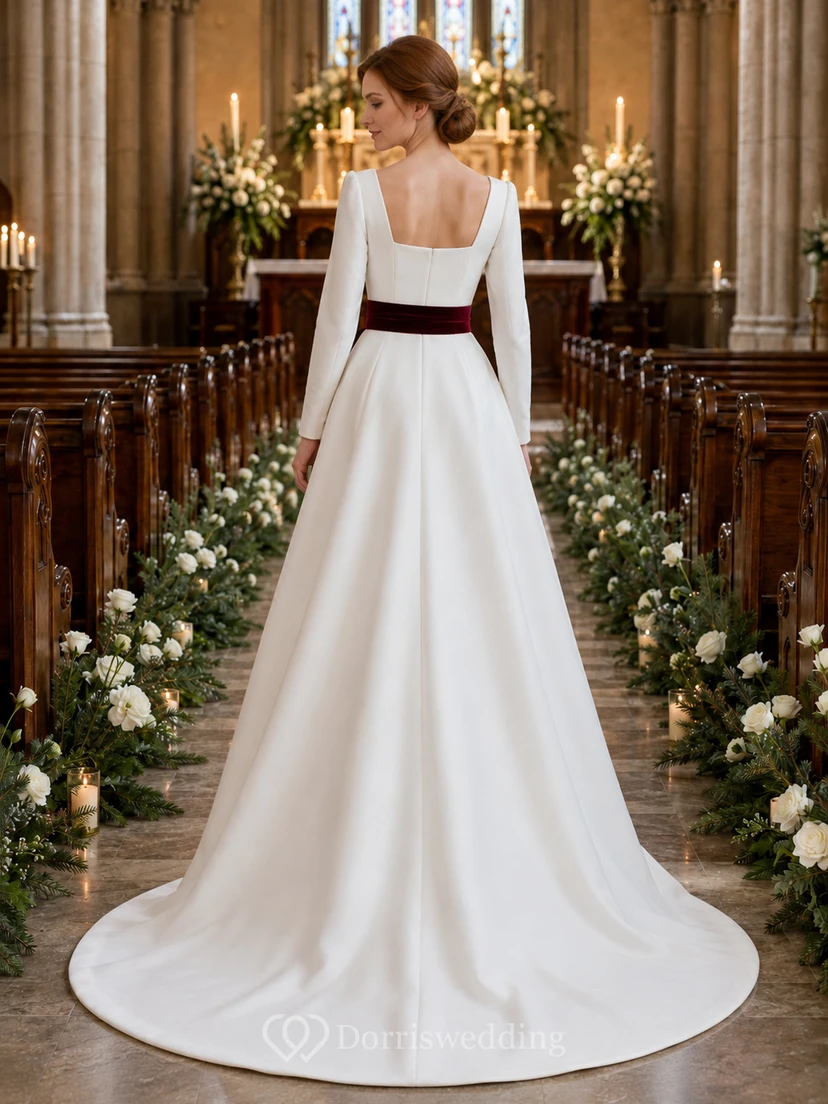 Winter Church Square Neck Velvet Sash A-Line Wedding Dress view 2