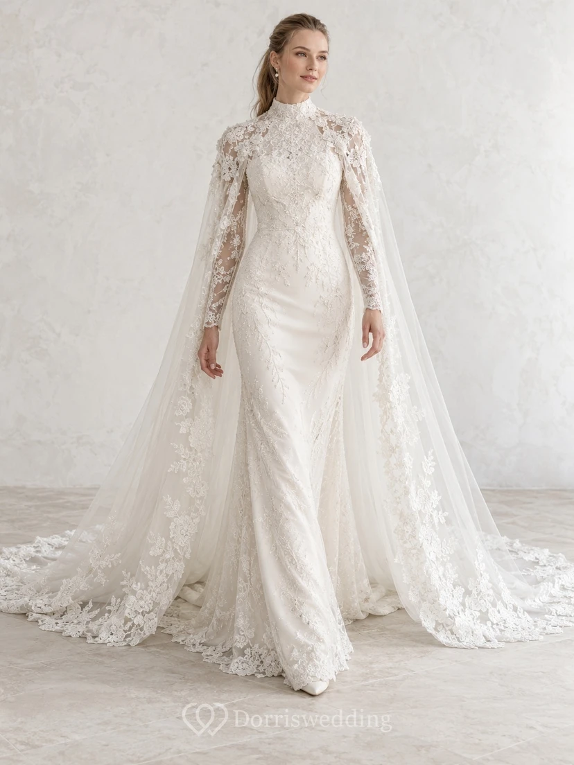 Modest Long Sleeve High Neck Lace Winter Wedding Cape Dress